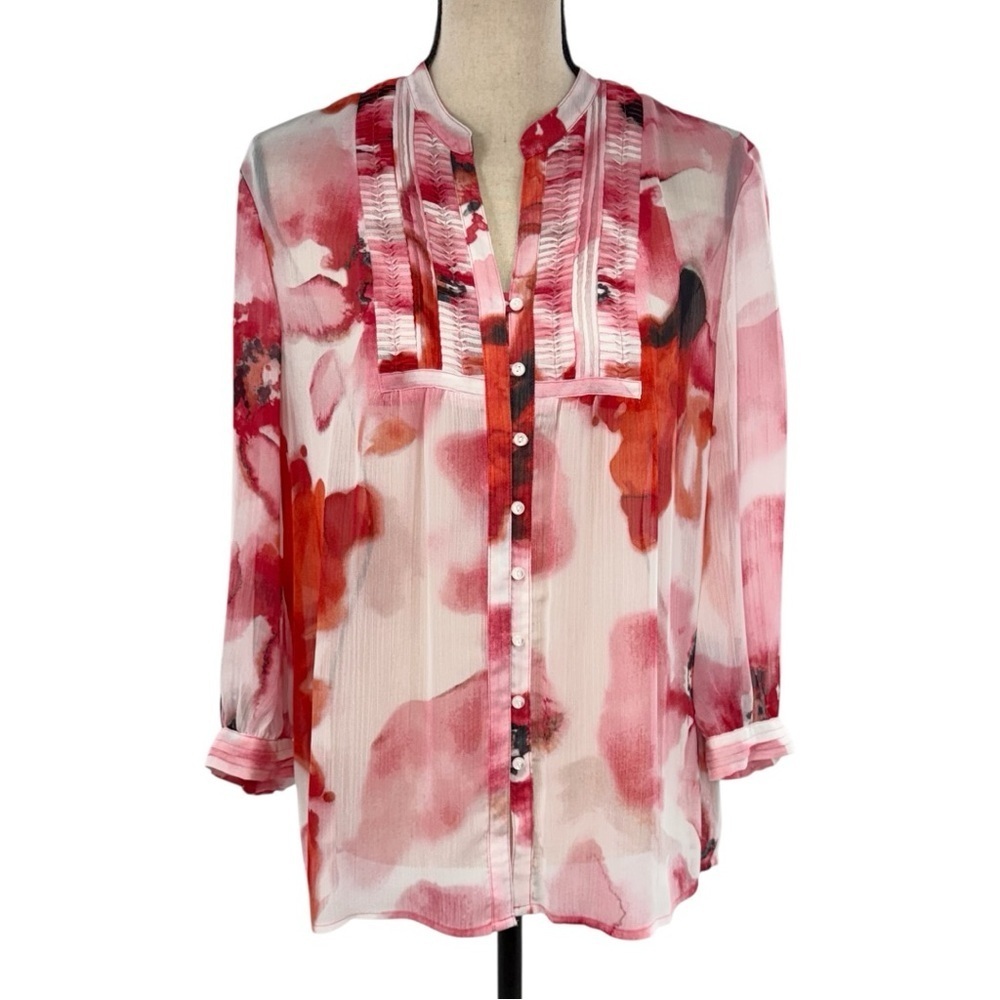 Jones New York Signature Petite Watercolor Blouse Size PL Sheer Red Pink Floral
